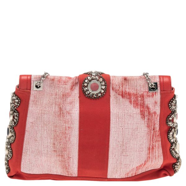 Fendi Red White Canvas and Leather Maxi Baguette Embellished Shoulder Bag Online Hot Sale