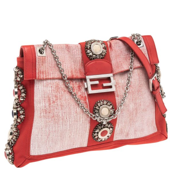 Fendi Red White Canvas and Leather Maxi Baguette Embellished Shoulder Bag Online Hot Sale