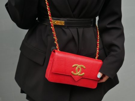 CHANEL 1989-1991 Red Lizard Pointed Flap Bag Mini Online now