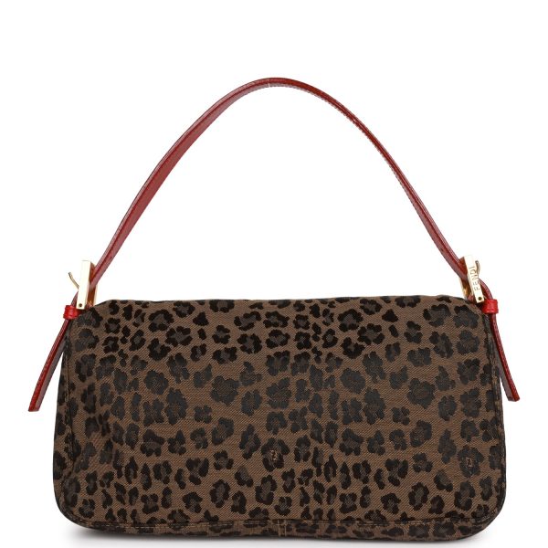 Fendi Vintage Leopard Baguette Bag Red Leather Gold Hardware For Sale