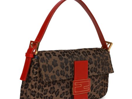 Fendi Vintage Leopard Baguette Bag Red Leather Gold Hardware For Sale