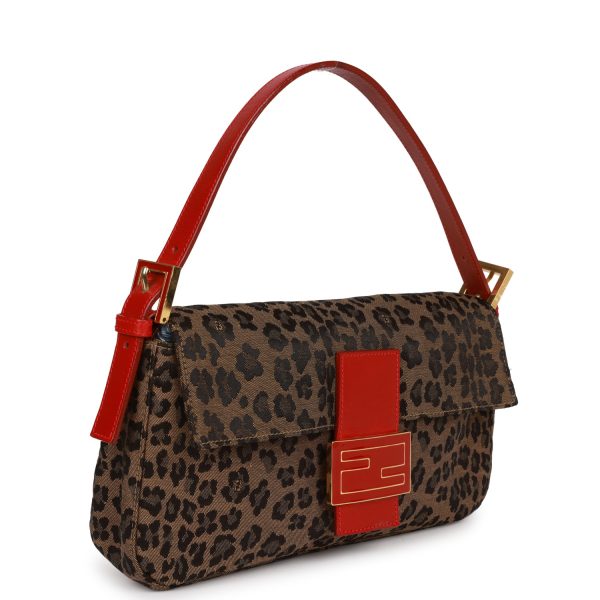 Fendi Vintage Leopard Baguette Bag Red Leather Gold Hardware For Sale