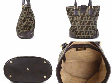 Fendi Handbag Zucca Canvas Leather Brown Gold Women s For Cheap