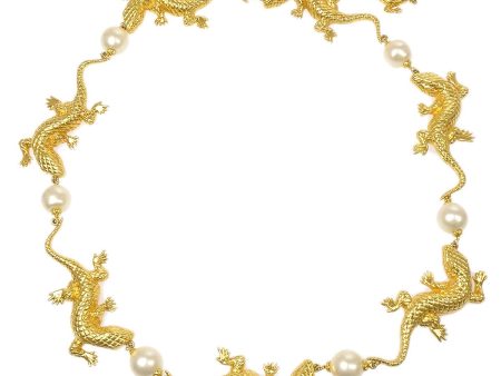 Chanel 1991 Chain Belt Lizard Charm Faux Pearl Gold Cheap