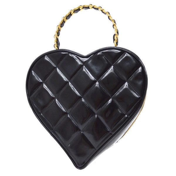 CHANEL * 1995-1996 Black Patent Leather Heart Top Handle Bag on Sale