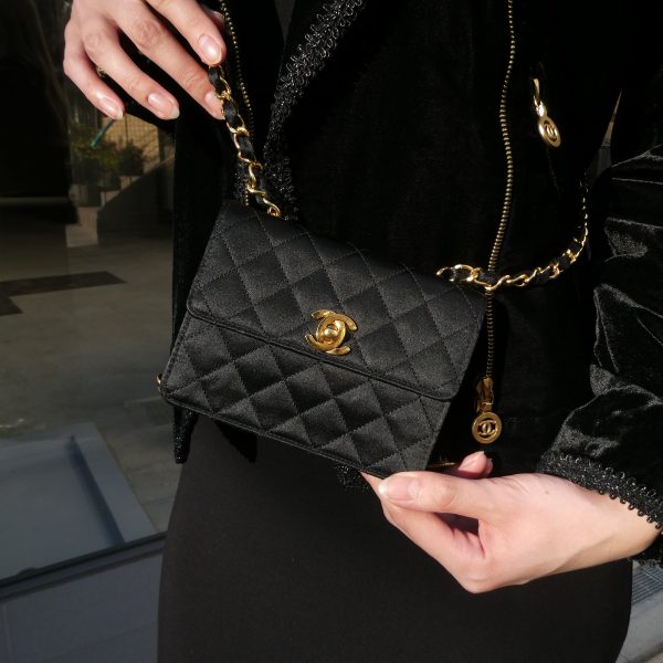 Chanel 1989-1991 Straight Flap Bag Micro Black Satin Online Sale