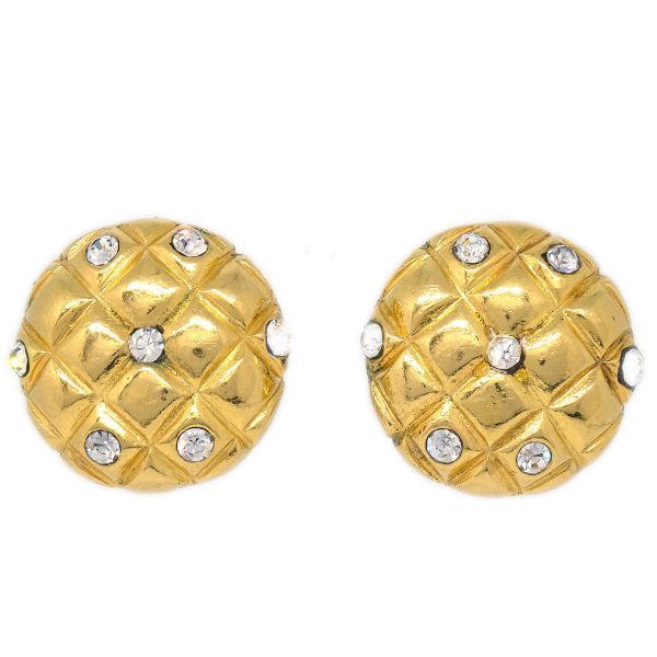 CHANEL 1980s Crystal & Gold Quilted Earrings Clip-On Online Sale