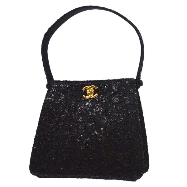 Chanel * 1997-1999 Lace Both Side Handbag Black Satin For Sale