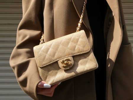 CHANEL * 1991-1994 Classic Square Flap Mini Beige Lizard Hot on Sale