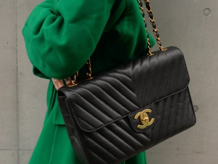 CHANEL 1991-1994 Black Caviar Chevron Classic Flap Bag Maxi Sale