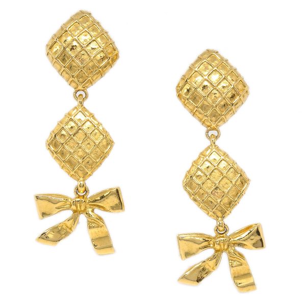 Chanel 1980s Dangle Bow Earrings Clip-On Gold For Sale