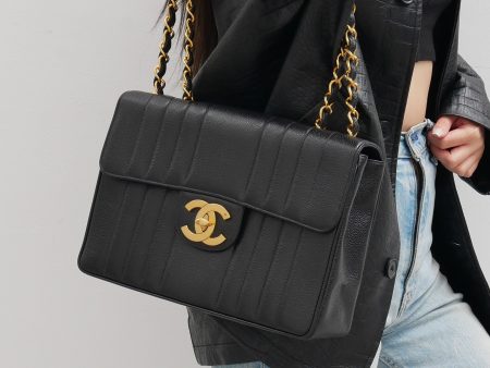 Chanel * 1994-1996 Black Caviar Jumbo Vertical Stith Classic Flap For Sale