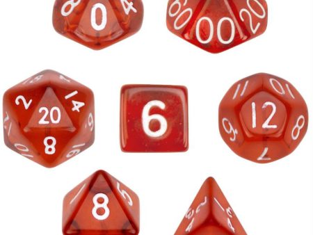 7 Die Polyhedral Dice Set  in Velvet Pouch- Translucent Red on Sale