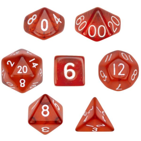 7 Die Polyhedral Dice Set  in Velvet Pouch- Translucent Red on Sale